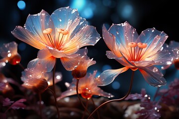 Glass Flowers Fantasy: Translucent Pink Blooms on Indigo