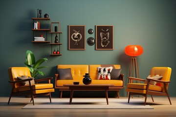 60s Retro Living: Yellow Upholstered Furniture and Gray Walls