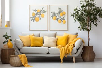 Lemon Tones Living Room: Soft Sofa and Interior Paintings