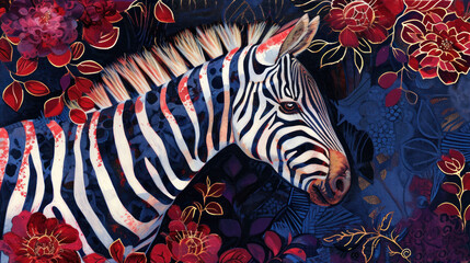  a painting of a zebra standing in front of a bunch of flowers on a blue background with red and pink flowers.