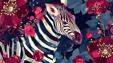 Fototapeta na wymiar a close up of a zebra surrounded by flowers and other plants on a blue background with red and white flowers.