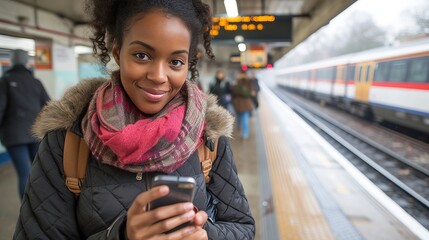Young black woman on underground train platform using mobile phone for directions and schedules - obrazy, fototapety, plakaty