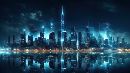 Panoramic view of futuristic city skyline with high buildings at night