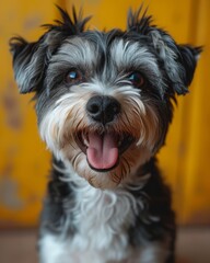 A playful toy dog, a yorkipoo schnoodle mix, gazes eagerly with its snout open, ready to be the perfect indoor companion for its owner