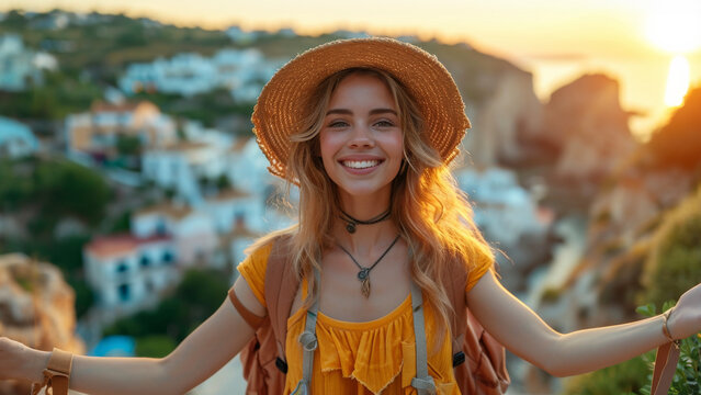 Young girl with backpack around the mediterranean, enjoying the exciting journey through Italy.