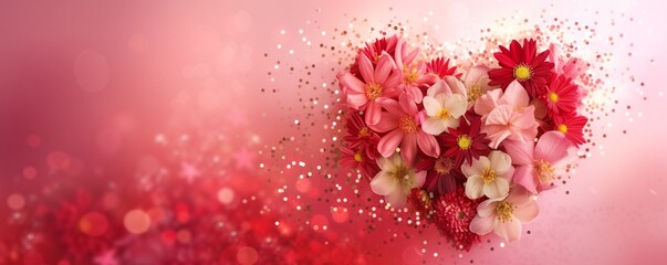 A heart-shaped assortment of red and pink flowers with delicate petals and golden sparkles against a soft pink gradient background