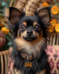 A charming russkiy toy and chihuahua puppy lounges in an indoor chair, surrounded by delicate flowers, content as the perfect pet and beloved mammal