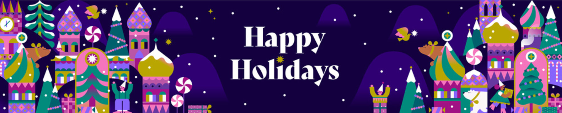 Happy holidays banner. Christmas town, snowflakes, gifts, christmas tree, bear and elfes.