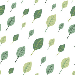 Diagonally arranged green leaves isolated on white backdrop vector seamless pattern. Creative art texture for printing on textile, wrapping, packages, apparel, homeware etc. or use in graphic design.
