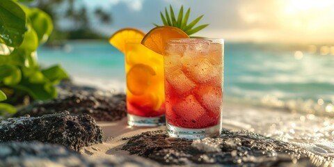 Amidst the serene beach setting, two glasses brimming with colorful cocktails, adorned with fresh fruit and ice cubes, invite us to indulge in the perfect blend of classic and modern drinks while bas