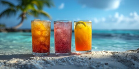A vibrant display of refreshing drinks and tempting food, set against the backdrop of a tranquil beach with a clear blue sky, inviting you to indulge in the cool fluidity of a nonalcoholic beverage o - obrazy, fototapety, plakaty