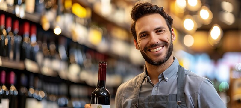 Smiling wine merchant presenting a bottle of red wine in his shop with copy space for text placement