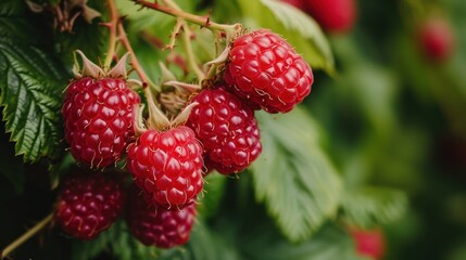  a bunch of raspberries hanging from a tree with green leaves and red berries in the foreground, with a blurry background of green leaves and red berries in the foreground.