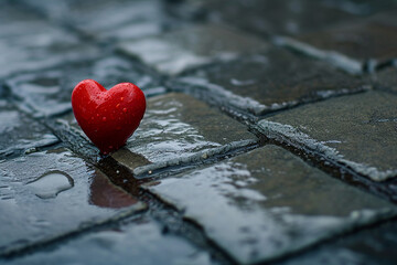 A red heart sits on a stone path in the rain