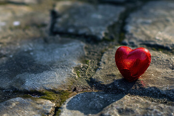 A red heart sits on a stone path.