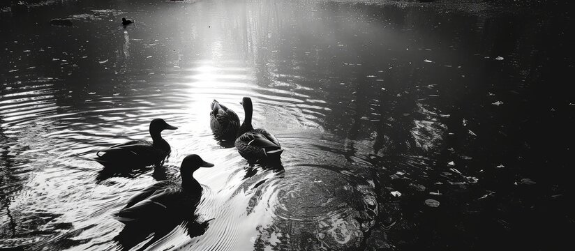 Old photograph of ducks in a pond, with a black and white color scheme.
