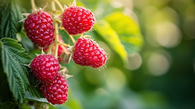  a bunch of raspberries growing on a bush with leaves in the foreground and a blurry background.