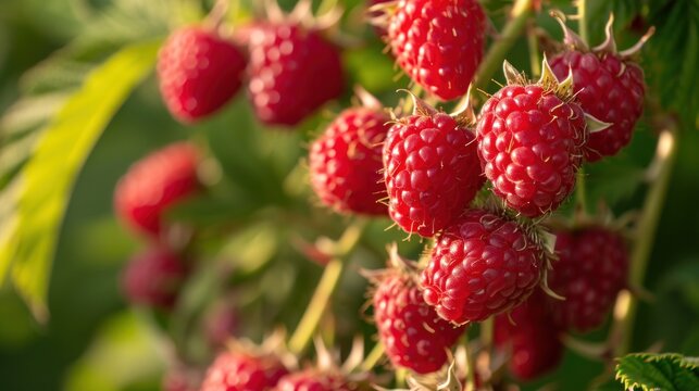  a bunch of ripe raspberries growing on a bush with green leaves on a sunny day in the sun.