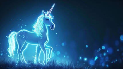 Fototapeta premium a drawing of a unicorn standing in a field of grass with a blue light shining on it's face.