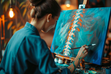person painting a canvas in a studio with a artistic look on their face and a beautiful spine showing the color of their soul