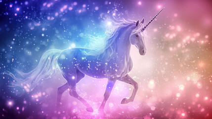  a unicorn standing on its hind legs in front of a blue and pink background with stars and snow flakes.