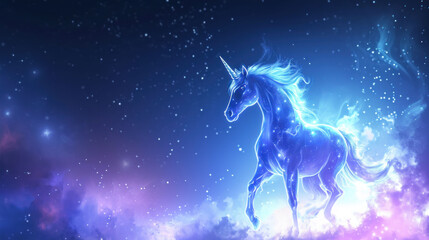  a unicorn standing on its hind legs in the middle of a night sky with stars and clouds in the background.