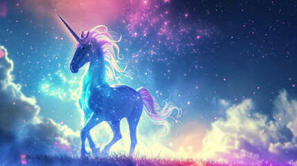Obraz na płótnie Canvas a unicorn standing on top of a lush green field under a sky filled with pink and blue stars and clouds.