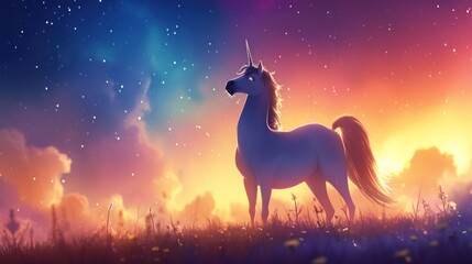  a unicorn standing on top of a lush green field under a sky filled with stars and a rainbow colored sky.
