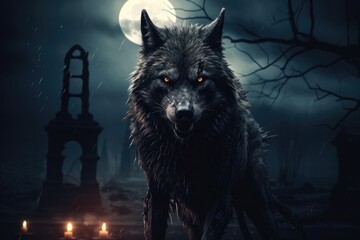 Dark Wolf Werewolf Howling at the Moon in Night Time Cemetery - Halloween Wild Animal in Black