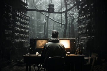 Fototapeta na wymiar A man watches the monitor screens of a video surveillance system in a secret base in the forest, a dark atmosphere