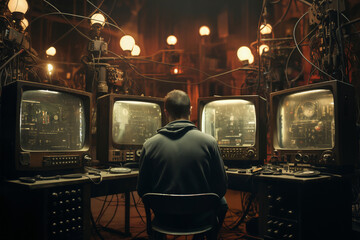 a person in a dark room watches screens and controls computer devices for computing and information processing, video surveillance and hacking