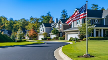 American flag on house corner, symbolizing patriotism, against blurred sunny background