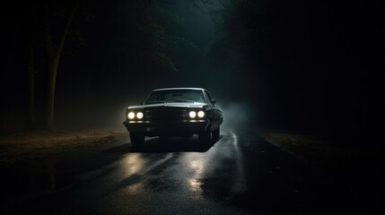 Blinding Headlights: Ominous Car Parked in Middle of Road at Night, Illuminated Headlights Create