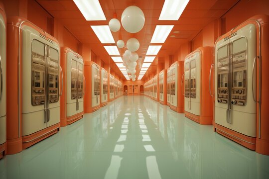 retro analog data center, devices for industry and scientific research and measurements, in the interior of a factory laboratory, the concept of retro futurism lamp electronics