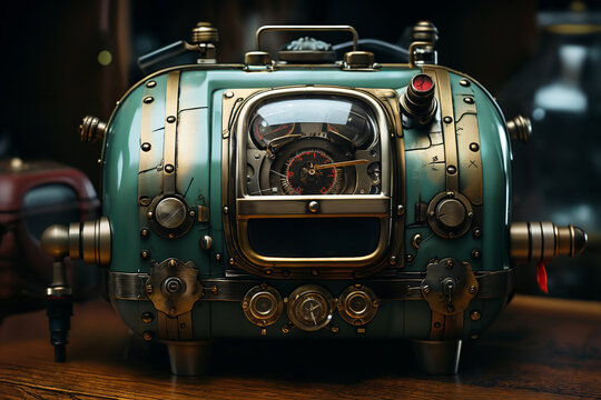 retro mechanical camera or hybrid measuring device, close-up of an object, steampunk-style concept