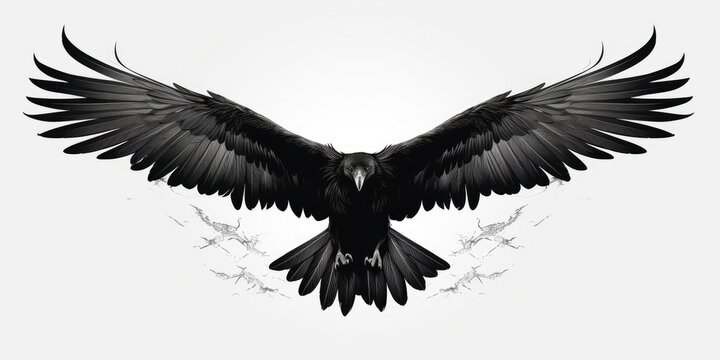 Silhouette of a Flying Raven - Drawn Bird Illustration in Black with Feathered Wing