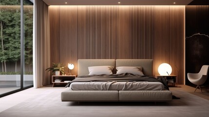 Modern Bed. Loft and Modern Bedroom with Luxury Furniture and Decorative Interior Elements in 3D