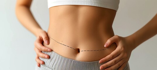 Woman with flat belly, dashed lines before abdominoplasty on light background with copy space