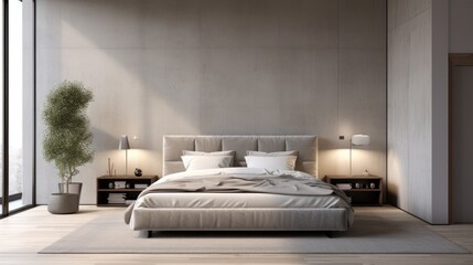 Modern Bed in a Luxurious Loft Bedroom Interior Design. 3D Render Image of Hotel Room with High-End