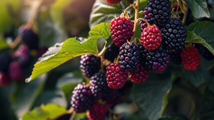  a bunch of blackberries hanging from a tree with green leaves and red berries hanging from a branch with green leaves.