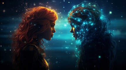 Curious and intelligent gemini twins engaged in interaction, symbolizing duality and versatility