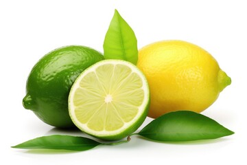 Half Cut Juicy Lime And Lemon Fruit With Leaves. Isolated On White Background For Citrous And Food