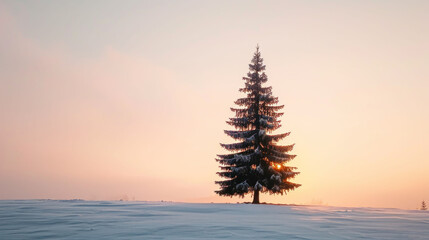  a lone pine tree in the middle of a snow covered field with the sun setting in the distance behind it.