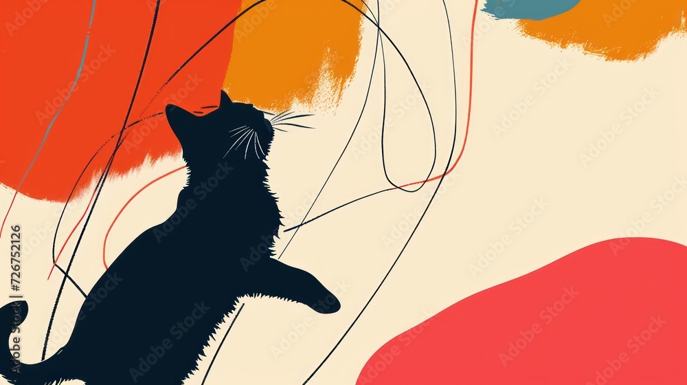 Canvas Prints  a black cat standing on its hind legs in front of a red, orange, blue, and yellow background.