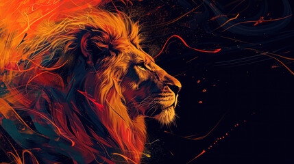 a painting of a lion's head with red, orange, and blue streaks coming out of it's mane.