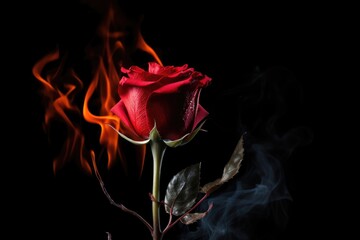 Burning red rose on black background with copy space for advertiser - obrazy, fototapety, plakaty