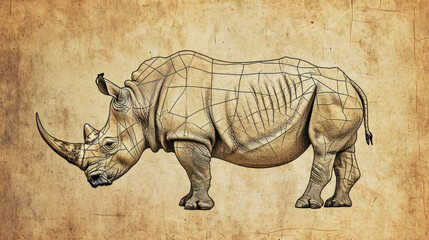 Fototapeta premium a drawing of a rhinoceros is shown on a piece of paper with a drawing of a rhinoceros on it.