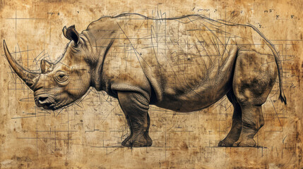 a drawing of a rhino standing in front of a drawing of a drawing of a rhino on a piece of paper. - obrazy, fototapety, plakaty