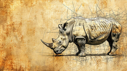  a drawing of a rhinoceros standing in front of a piece of parchment paper with a drawing of a rhinoceros on it's side.