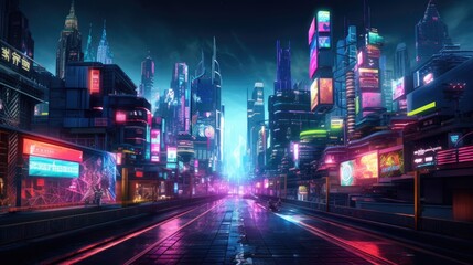 Obraz premium A cyberpunk-inspired cityscape at night, illuminated by neon signs and lights, with futuristic cars traversing the vividly colored streets. Resplendent.